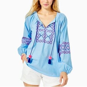 Lilly Pulitzer Cecile Zanzibar Blue Embroidered Long Sleeve Tunic